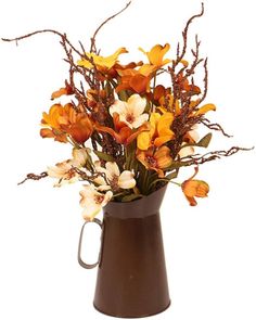 an arrangement of flowers in a brown vase on a white background with clippings