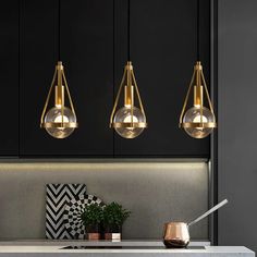 three pendant lights hanging from the ceiling above a kitchen counter with a potted plant