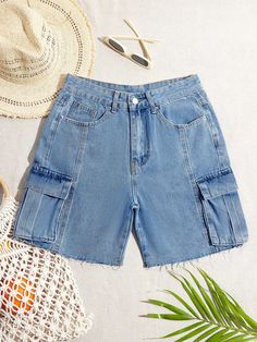 Women's Casual Cargo Pocket Denim Shorts Medium Wash Casual   Denim Plain Straight Leg Non-Stretch  Women Clothing, size features are:Bust: ,Length: ,Sleeve Length: Jamaica Trip, Casual Denim Jeans, Jeans Casual, Casual Cardigans, Cargo Pocket, Petite Women, Short En Jean, Inspiration Mode, Kids Sleepwear