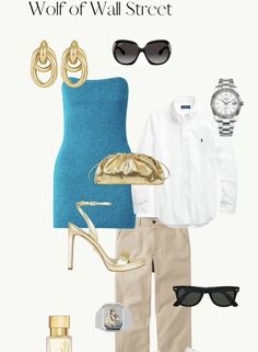 a woman's outfit and accessories are shown in the image, including shoes, sunglasses, purse, watch