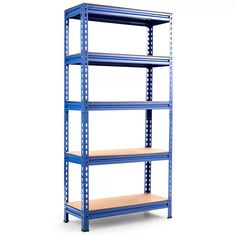 a blue shelving unit with three shelves and one shelf on the bottom, in front of a white background