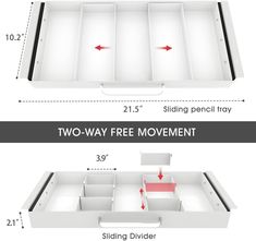 the two - way free movement tray is shown with measurements for each drawer and side divider