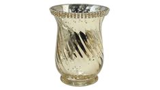 a silver vase with gold trimmings on the top and bottom, sitting in front of a white background