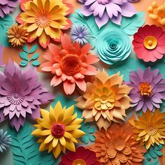 colorful paper flowers are arranged on the wall