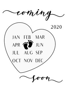 a heart with the words coming soon written in black and white on it, next to an image of a baby's foot