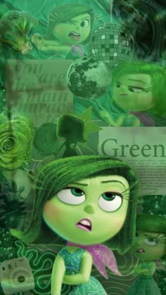 an image of a cartoon character with green hair and eyes, surrounded by other characters