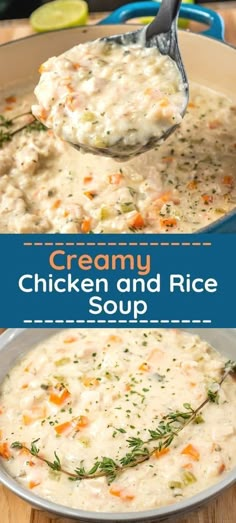 creamy chicken and rice soup in a pot with a ladle full of the soup