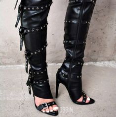 Black Womens Open Toe Belt Detail Thigh High Boots Black Outsole Material: Rubber Strap Heels Outfit, Knee High Sandals, Womens Thigh High Boots, Slimmer Belt, Elegant High Heels, Long Boots, High Heels Stilettos, Thigh High Boots, High Heel Boots