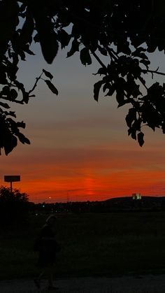 the sun is setting over a field with trees in front of it and a person walking by