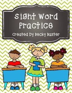 a sign that says sight word practice with three children sitting at desks in front of them