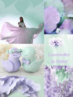 lavender and mint collage with flowers in the middle, an elephant figurine on the bottom