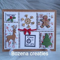 a christmas card with stamps and decorations on it