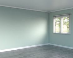 an empty room with light green walls and wood floors