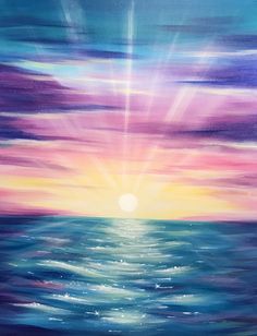 an oil painting of the sun setting over the ocean