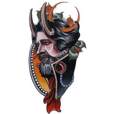 a drawing of a man with long hair and beard wearing an elaborate headdress