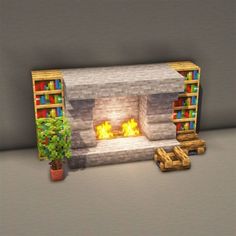 a fire place in the middle of a room with bookshelves on either side