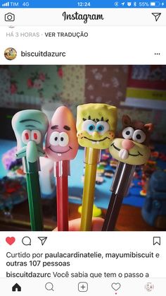 three pens with cartoon faces on them sitting in front of a computer screen and the caption is instagram