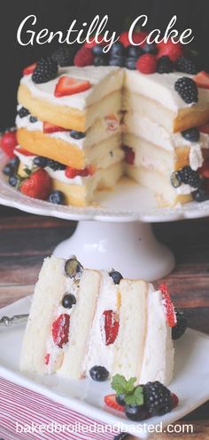 there is a cake with berries and cream on the top that has been cut in half