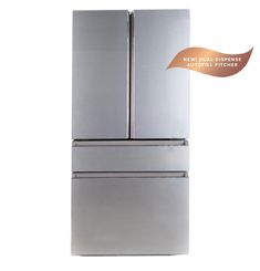 a silver refrigerator freezer sitting on top of a white wall