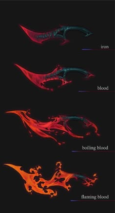 four different types of fire and water on a black background, with the text below it