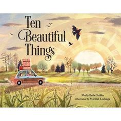 an illustrated book cover for ten beautiful things with a car and birds flying in the sky