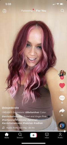 Maroon With Pink Hair, Dark Red And Light Pink Hair, Magenta And Light Pink Hair, Maroon Hair With Pink Highlights, Magenta Halo Hair, Red Hair With Halo Highlights, Pink Hair With Light Pink Front Pieces, 2 Toned Pink Hair, Red And Pink Halo Hair