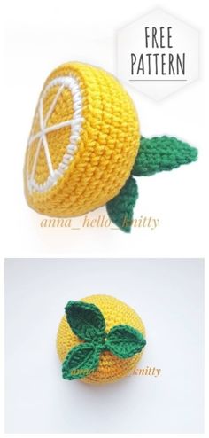 two pictures showing different types of crocheted items, one with a lemon and the other with leaves