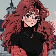 an anime character with long red hair and glasses