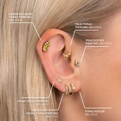 an ear with several different types of piercings on the top and bottom of it