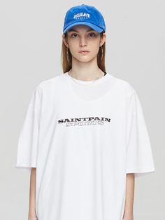 T-shirt designed by SAINTPAIN. These are simple and basic items that are good to style on a daily basis. Recommend having this as an inner matching with light outer, or even individually as a top item.  - Loosely fitting silhouette- Lettering graphic printed- Pullover closure- Soft and cool touching texture- Dumble and tenter processed Athleisure T-shirt With Letter Print, Everyday Athleisure Tops With Letter Print, Simple Streetwear Tops With Letter Print, Oversized Sports T-shirt For Spring, White Sporty Branded T-shirt, Sporty Text Print Tops For Everyday, Sporty Tops With Text Print, Sporty Everyday Tops With Text Print, Sporty White T-shirt For Everyday