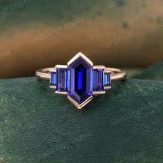 Hexagon Cut Blue Sapphire Ring Unique Rose Gold Engagement - Etsy 
