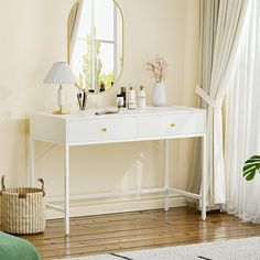 a white table with a mirror on top of it next to a chair and window