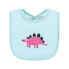 a bib with a pink dinosaur on it