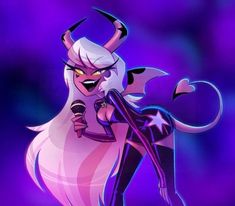 a cartoon character holding a microphone in front of a purple and blue background with an evil woman