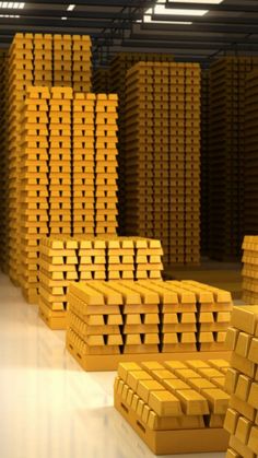 stacks of gold bars in a warehouse with no one around them or on the floor