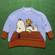 - The Sky-Blue And Burnt-Orange, Long-Sleeve, Pull-Over, Crew-Neck Sweater Features The Loveable Cartoon Beagle In The Classic Sleeping Pose On His Dog House With The Bird Sitting On His Stomach - Made In China - 47% Acrylic 29% Nylon 24% Wool - Width: 28”, Length: 29”, Sleeve: 16” - Good Condition; No Major Wear, Tears, Or Stains. - Disclaimer: Orders Are Shipped Within 3 Business Days. Items Are Being Sold As Is And All/Most Of Its Information Is Provided In The Description. Feel Free To Ask A Cartoon Beagle, Sleeping Pose, Bird Sitting, Peanuts Snoopy Woodstock, Snoopy Woodstock, Zara Knit, Zara Sweater, Snoopy And Woodstock, Peanuts Snoopy