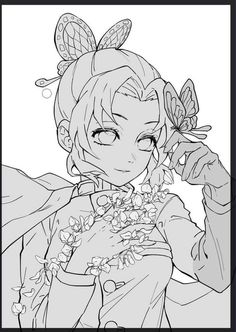 an anime character with flowers in her hair and butterfly wings, talking on the phone