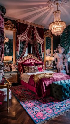 a bedroom decorated in pink, blue and gold with an elaborate canopy bed surrounded by curtains