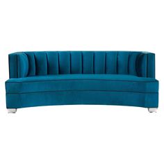 a blue couch with metal legs and a curved backrest on an isolated white background