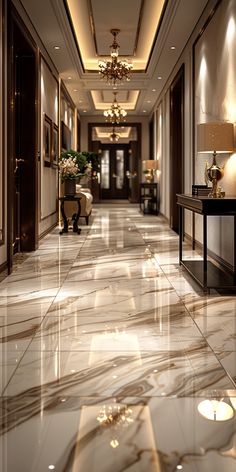 an elegant hallway with marble floors and chandeliers