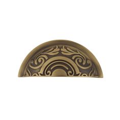 an antique style door handle with decorative design on the front and side panels in bronze