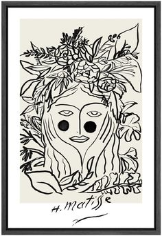 a black and white drawing of a woman with flowers on her head