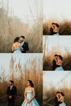 a man and woman are posing for pictures in the tall grass with their arms around each other