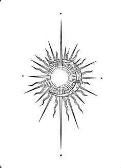 a black and white drawing of a sun with rays coming out of the center, on a white background