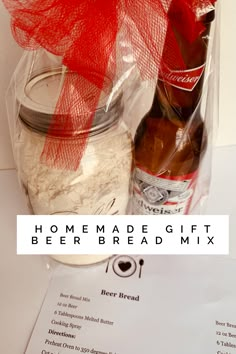 homemade gift beer bread mix in a mason jar with red ribbon on top and information card