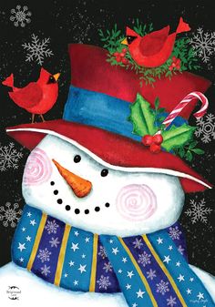 a painting of a snowman wearing a red hat and scarf with birds perched on it