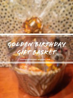 a basket filled with lots of food on top of a wooden table