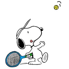 a drawing of a dog playing tennis with a ball and racket in the air