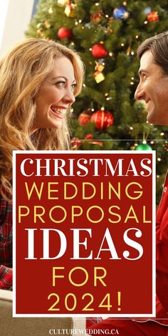 a man and woman sitting in front of a christmas tree with the words christmas wedding proposal ideas for 2012