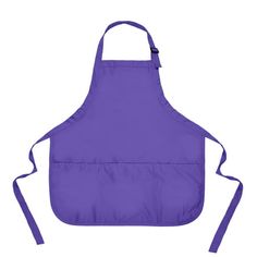 a purple apron with an adjustable neck and two pockets on the front, is shown